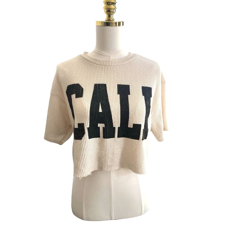 MIROH Cropped Waffle Knit Top "Cali"Graphic Tee Baby Tee Streetwear Skater M